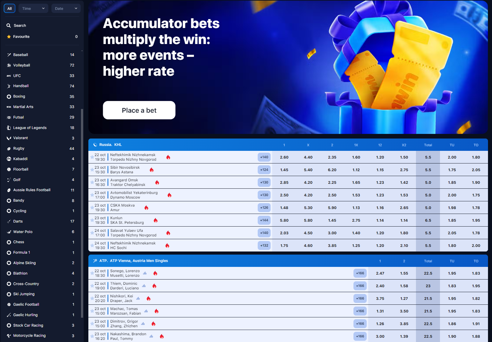 1win professional football betting options